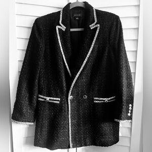 ANN TAYLOR WOMEN'S TWEED DOUBLE BREASTED JACKET BLACK W/WHITE TRIM SIZE MED
